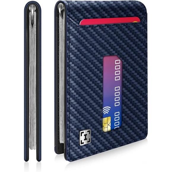 Slim Card Holder Wallet for Men with Money Clip (Carbon Fiber & Blue) - Picture 5 of 6